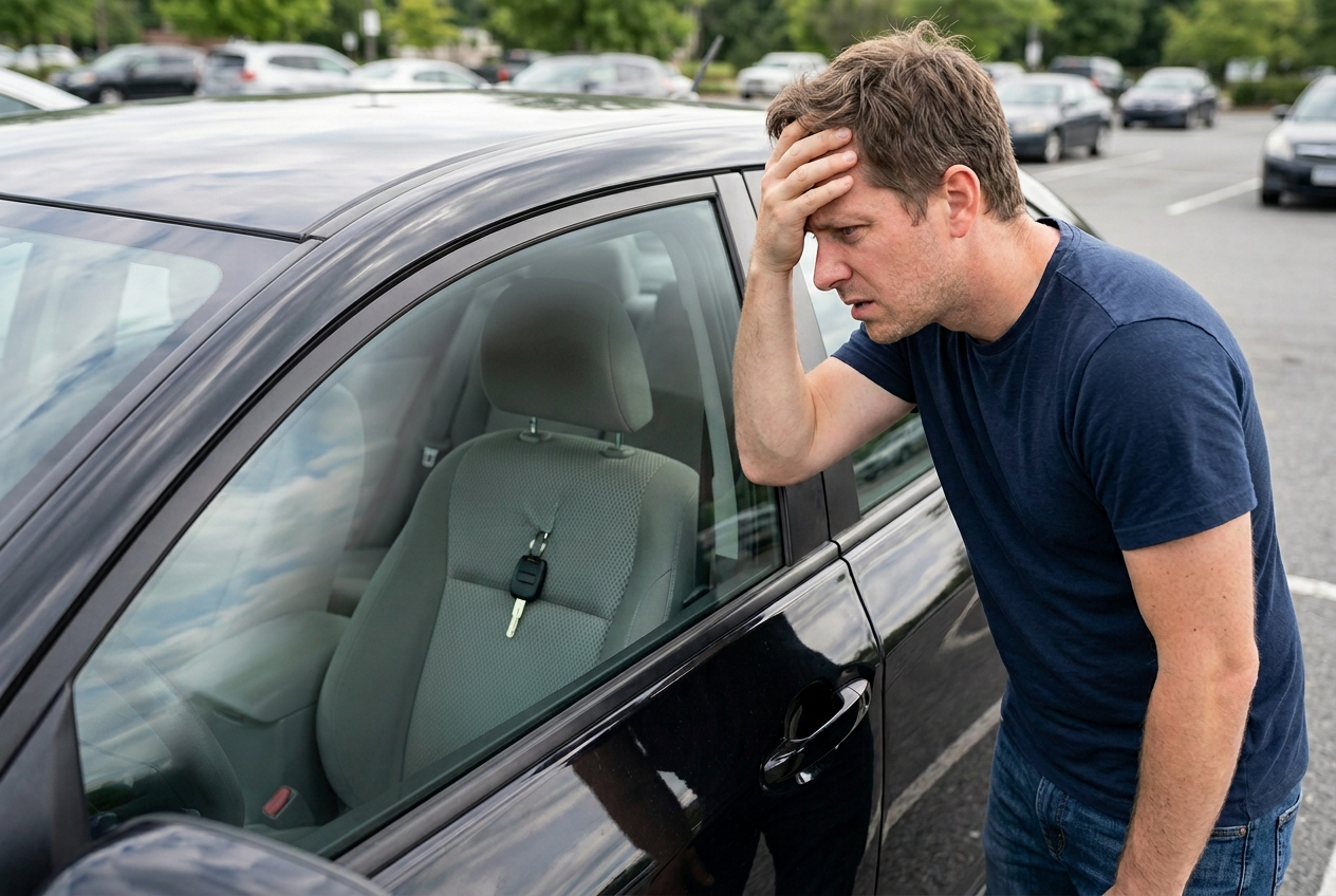 La clé est sur le siège, la voiture verrouillée.